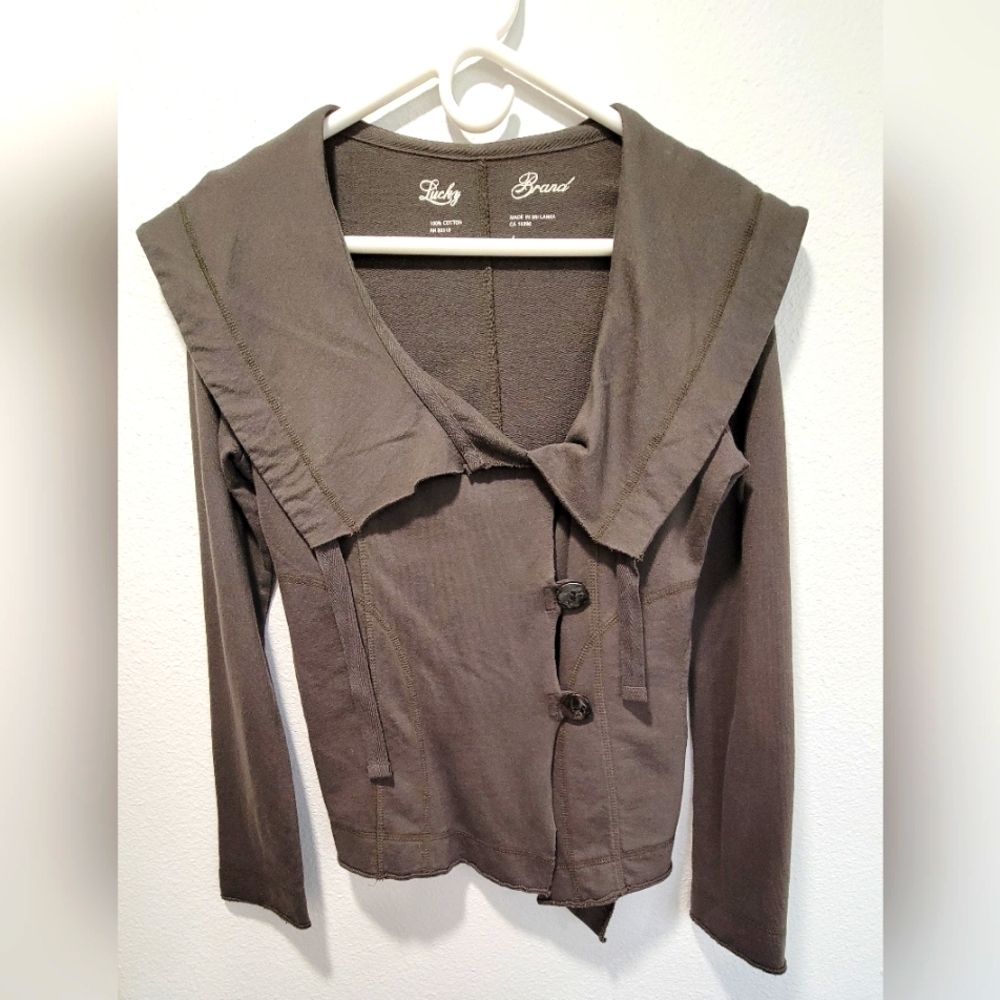 Lucky Brand‎ Sz S Army Green Drawstring Shawl Collar Button Cotton Jacket